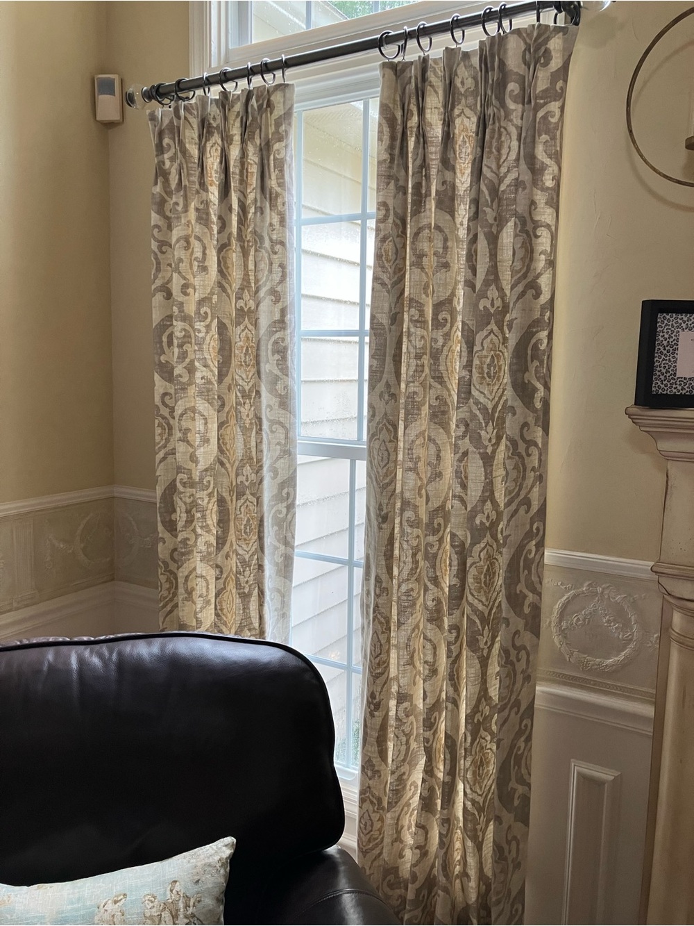Hand Crafted Neutral Damask Curtain Panels in Beige and Taupe. Lined.